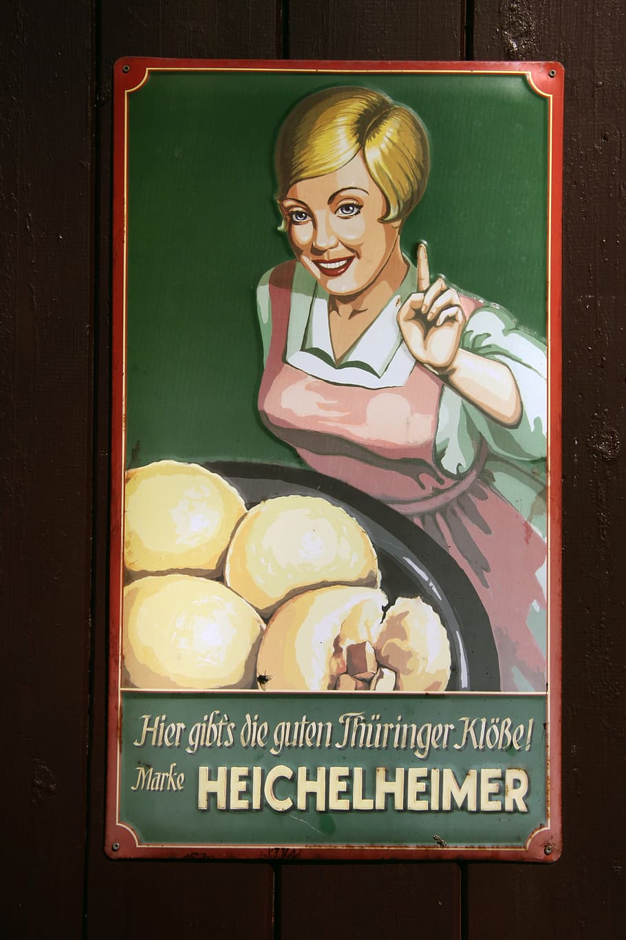 advertising sign, metal sheet, those days anno, kloßwerbung, advertising, metal sign, thuringian dumplings, heichelheimer, one person, young adult