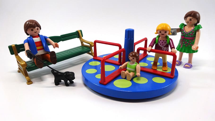 four minifigures, family, playground, children, carousel, toys, playmobil, childhood, child, boys