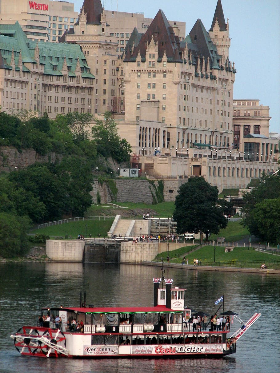 terlihat, di seberang, Château Laurier, sungai Ottawa, Ontario, Kanada, bangunan, foto, domain publik, sungai