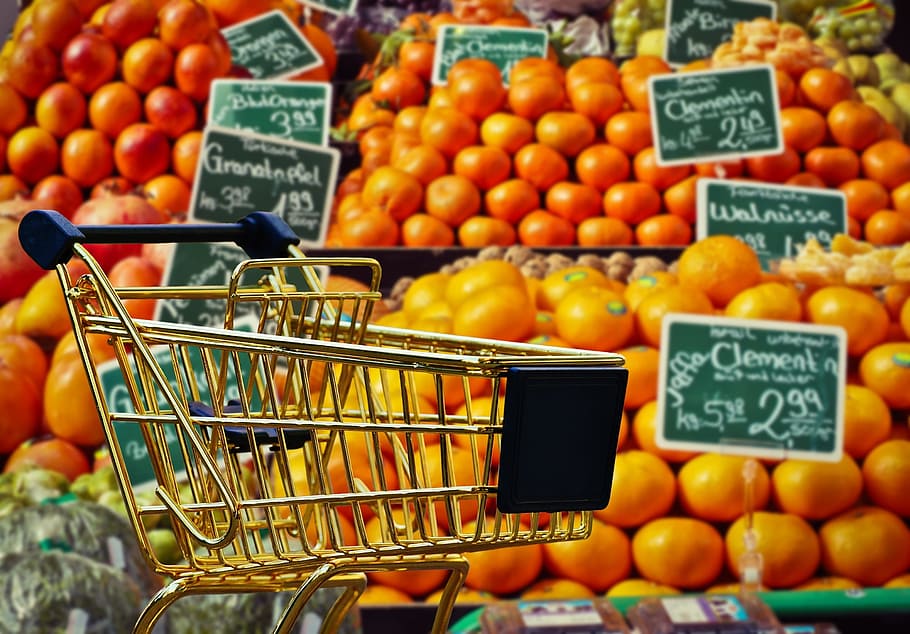 gris, carro de compras, al lado, naranja, fruta, compras, verduras, negocios, venta minorista, transporte