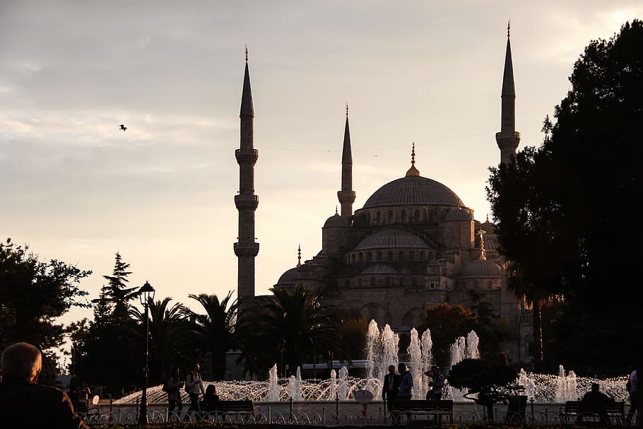 실루엣 사진, 갈색, 콘크리트, 사원, 이스탄불, 터키, 블루 모스크, 신앙, 이슬람교도, 첨탑