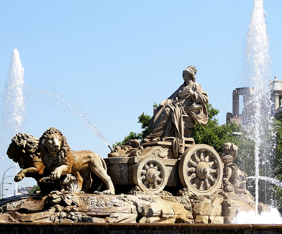 fountain, madrid spain, cibeles, lions, chariot, woman, historical, tourism, architecture, landmark