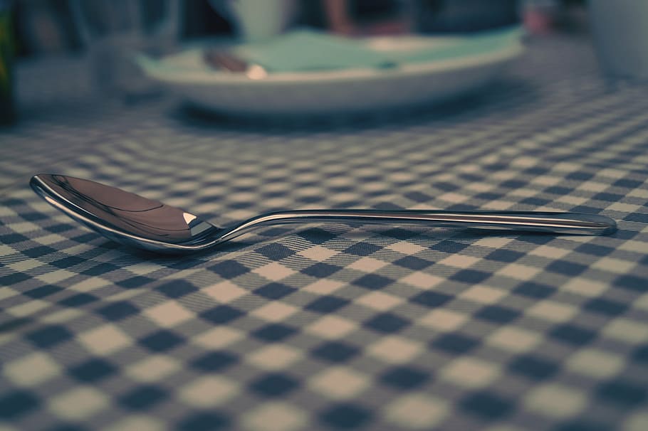 gray, stainless, steel spoon, table, spoon, cutlery, tablecloth, diamonds, pattern, selective focus