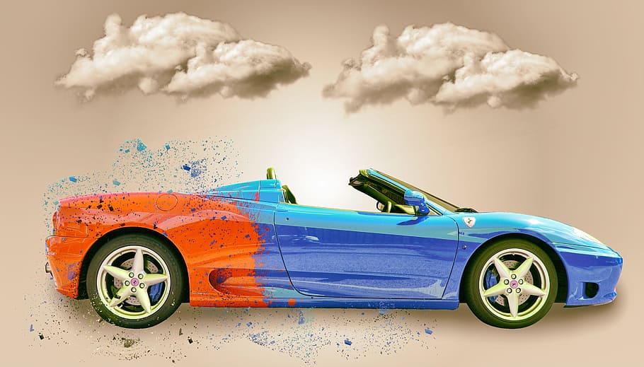 blue, red, convertible, coupe, car, clouds, ferrari, change, sky, road