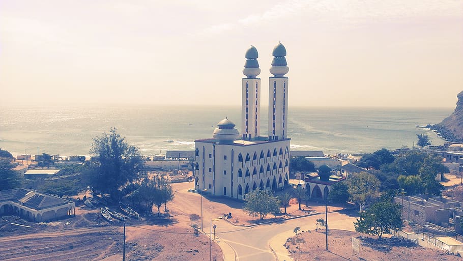 aéreo, fotografía, blanco, concreto, estructura, mezquita de pescadores, Dakar, Senegal, arquitectura, edificio