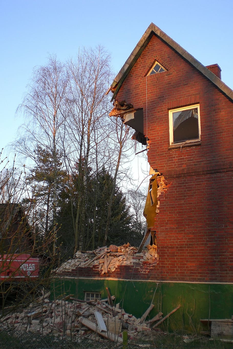 wrecked, brown, brick house, sunny, sky, home, demolition, destroyed, broken, ruin