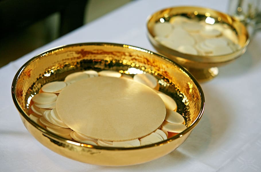 bowl, holy, bread, Communion Wafers, Cup, communion, catholic, gold colored, close-up, gold