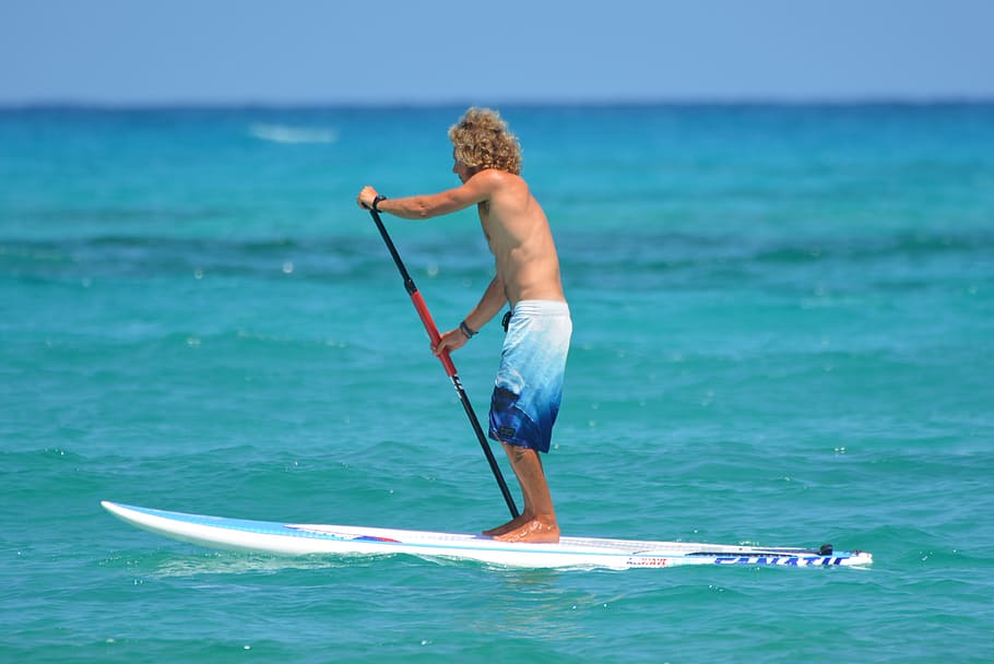 man, paddle board, clear, blue, sky, people, paddle, sea, swim shorts, surfboard