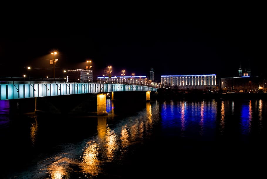 lighted, bridge, body, water, Linz, Upper Austria, Night, austria, danube, illuminated