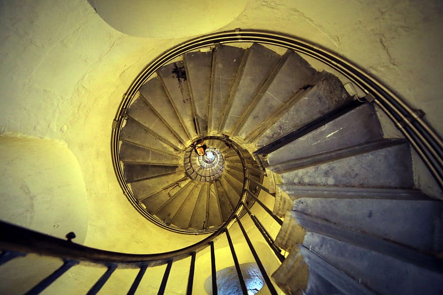 topo, vista, escada em espiral, escadas, caracol, arquitetura, corrimão, espiral, pesquisa, olhe para baixo