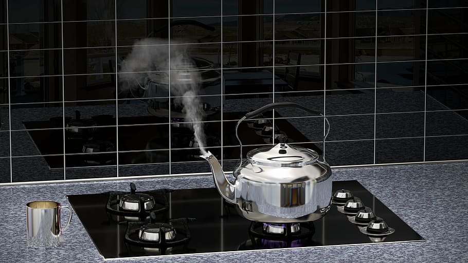 silver kettle, gas range, kitchen, live, tea kettles, reflections, modern, still life, 3d, blender