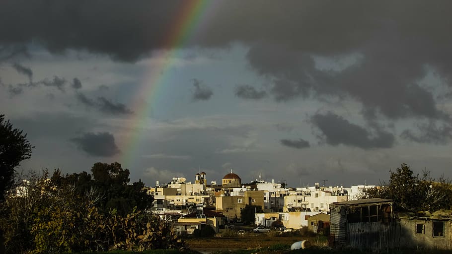 aerial, photography, city buildings, rainbow, storm, town, sky, clouds, paralimni, cyprus