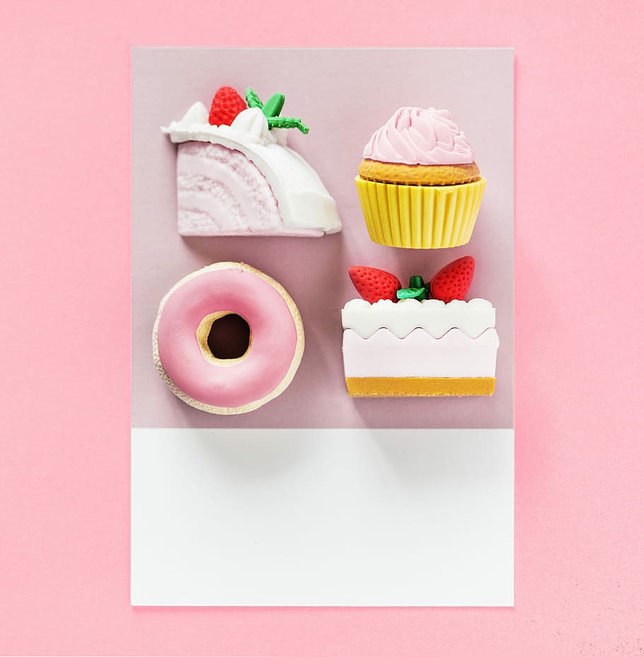 four, desserts, pink, panel, arranged, art, background, cake, candy, card