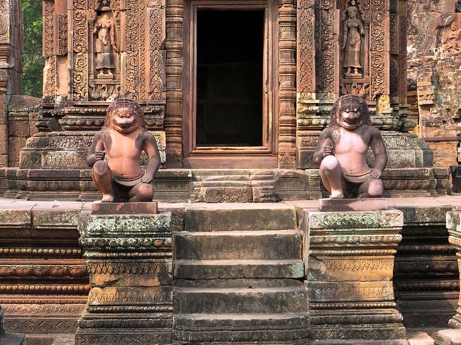 cambodia, angkor, temple, banteay srei, temple women, statues, monkey, guardian, door, archaeology