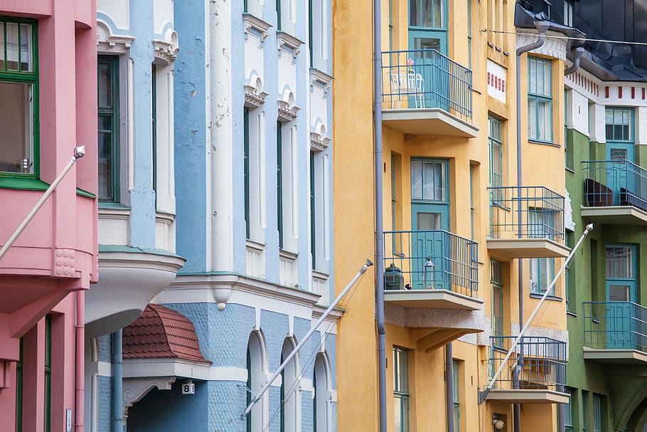 facade, facades, building, pastel colors, balconies, beautiful street, huvilakatu, helsinki, finland, architecture