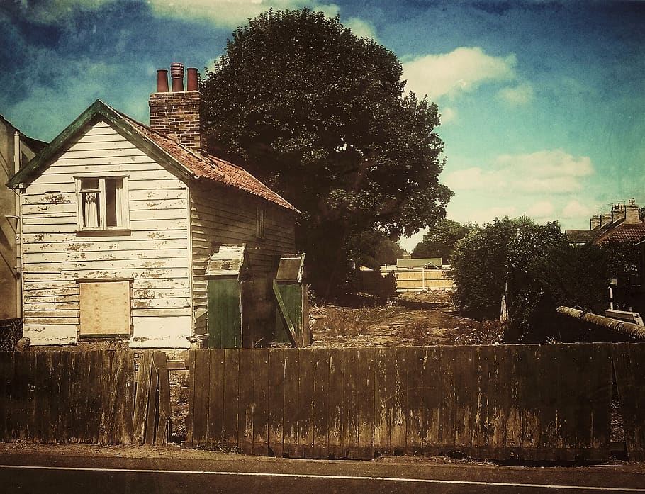 vintage, casa, velho, antigo, envelhecido, desgastado, rua, bairro, arquitetura, árvore