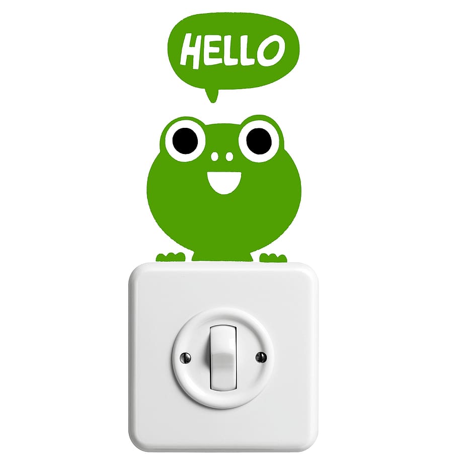 white, wall switch, green, hello, frog sticler, frog, kermit, animals, pet, sticker