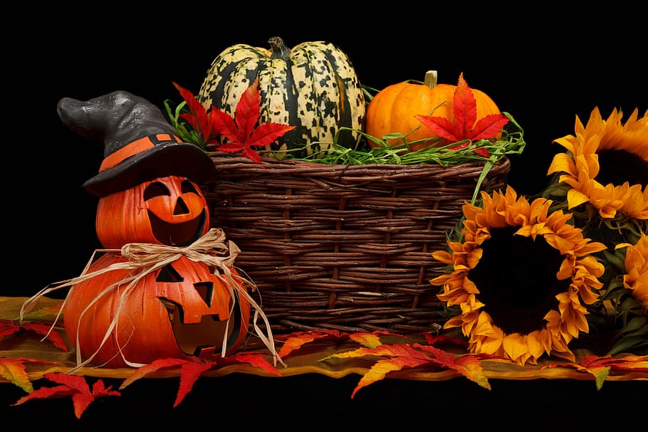 orange, black, jack-o'-lantern, jack-o '-lantern table decors, autumn, dark, decoration, fall, halloween, harvest