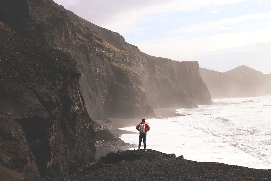 hiker man, stands, dramatic, coast, hiker, man, Iceland, people, adventure, landscape