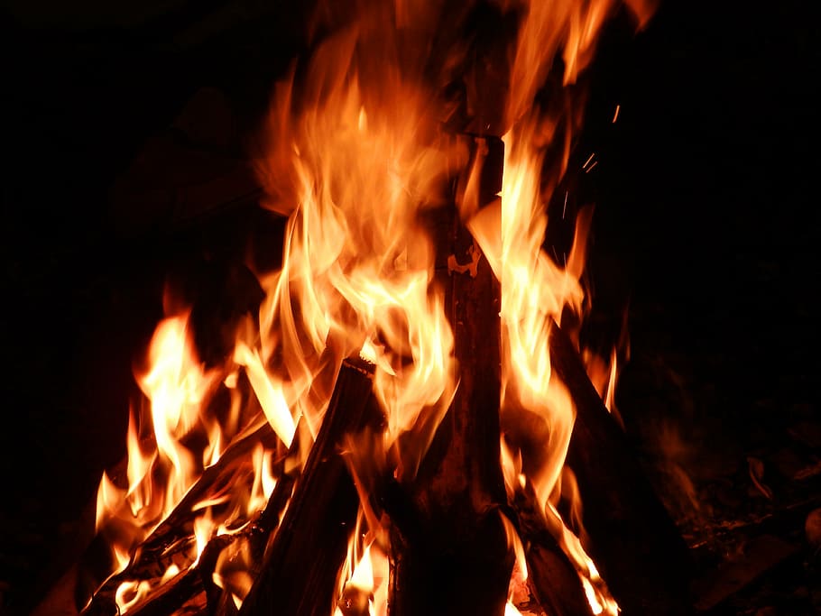 hoguera, noche, chimenea, fuego, llama, estufa, caliente, explosión, quemador, madera