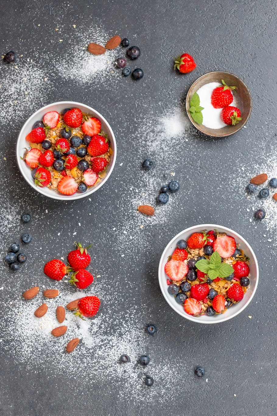 berries, two, bowls, Müesli, Breakfast, Flake, Fruit, fruits, strawberries, oats