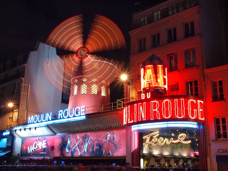 lighted, moulin, rough, sign, nighttime, france, paris, moulin rouge, night view, windmill