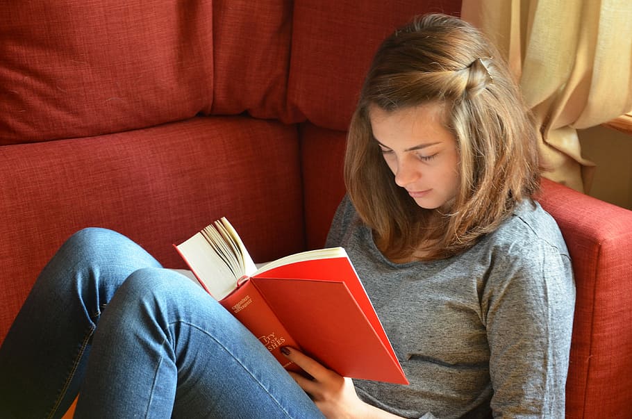 mujer leyendo libro, sofá, leer, libro, niña, estudiar, aprender, ocio, educación, novela