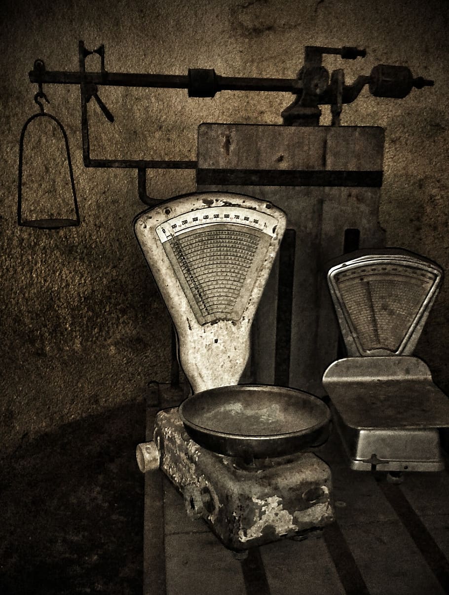 scales, old, vintage, indoors, metal, container, history, the past, wall - building feature, table