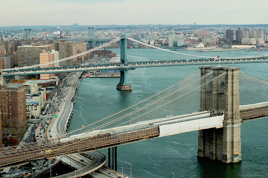 gris, hormigón, puente, ciudad, agua, automóviles, urbano, puentes, américa, nueva york