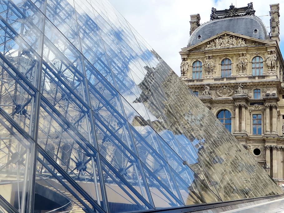 Paris, Louvre, Pirâmide, Reflexões, o Louvre, pavilhão, arquitetura, contraste, museu, turismo