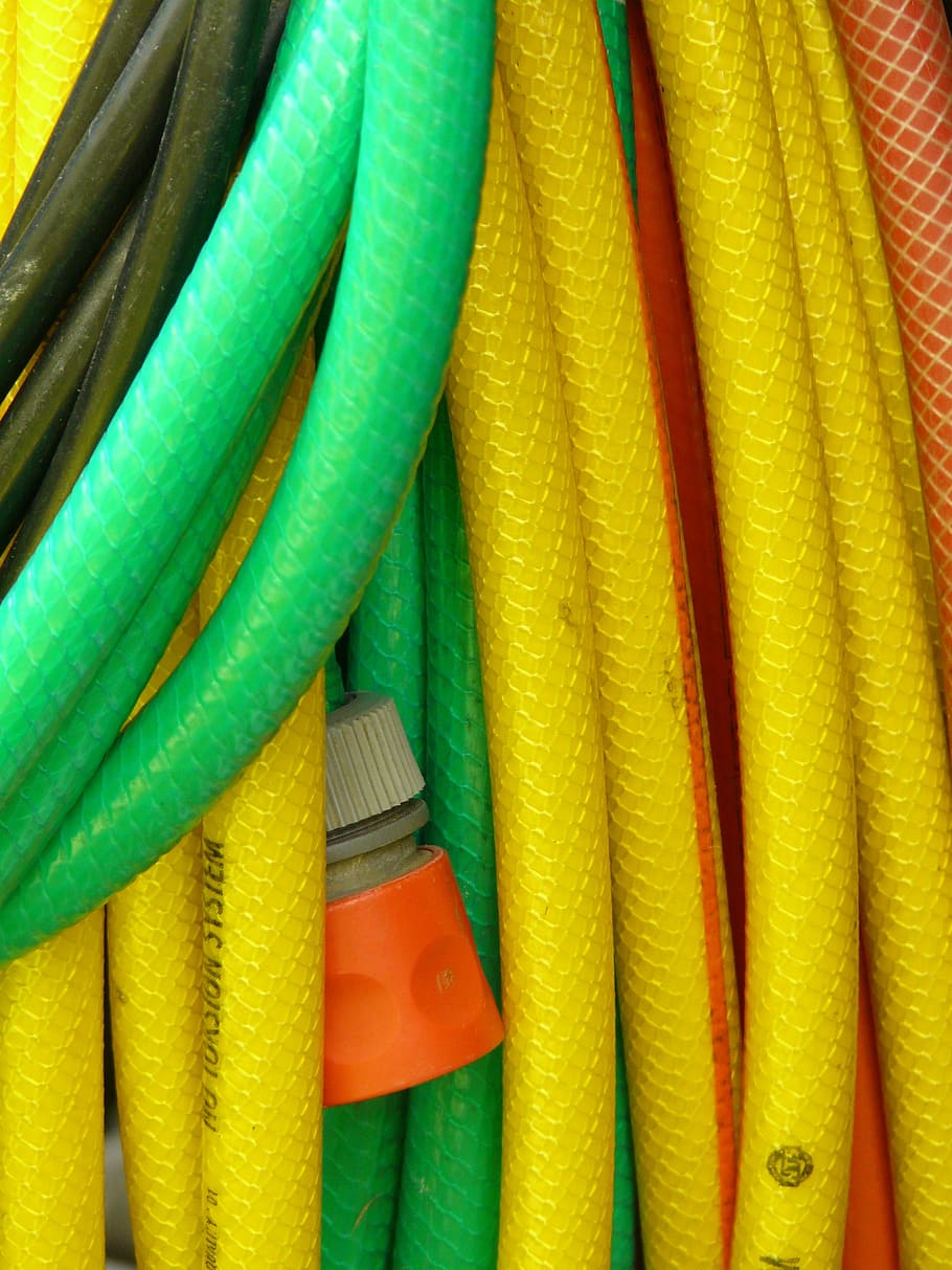hose, garden hose, irrigation, water, inject, casting, multi colored, full frame, backgrounds, close-up