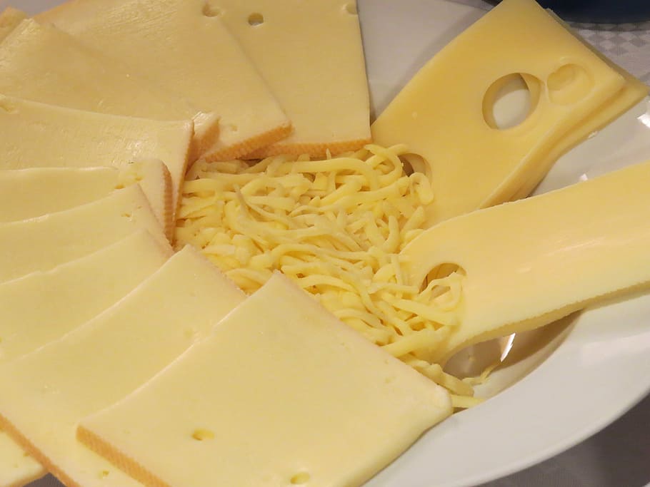 sliced, grated, cheese, round, white, ceramic, bowl, discs, raclette cheese, raclette