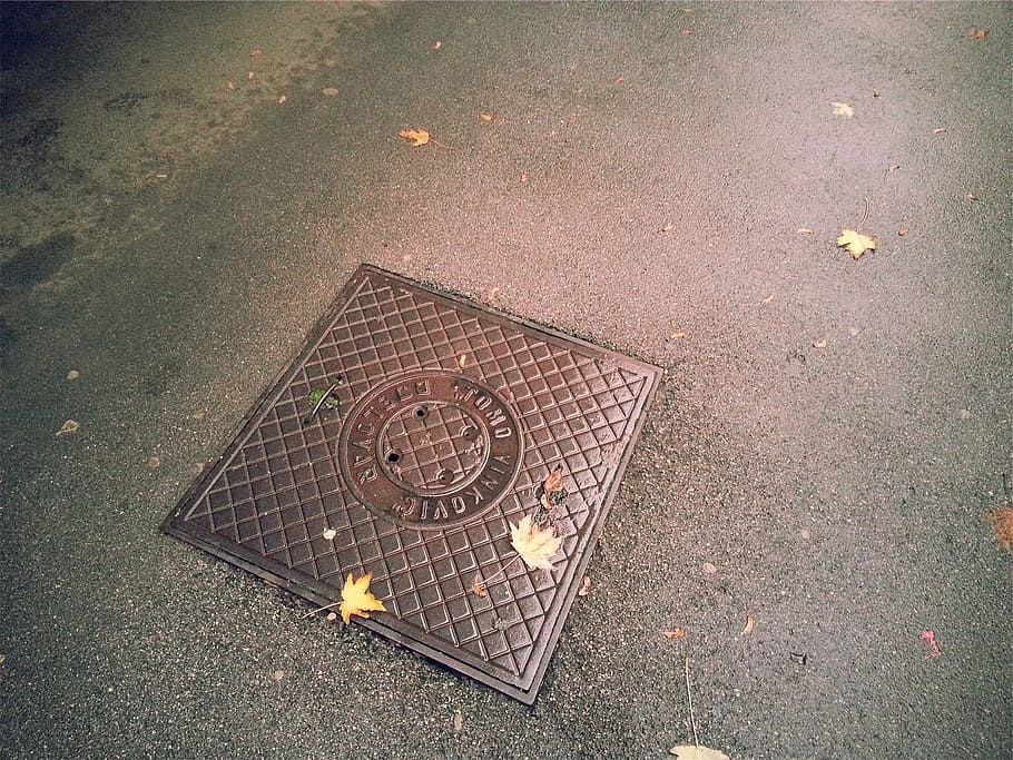 rectangular, brown, metal manhole, cover, square, man, hole, lid, sewer, pavement