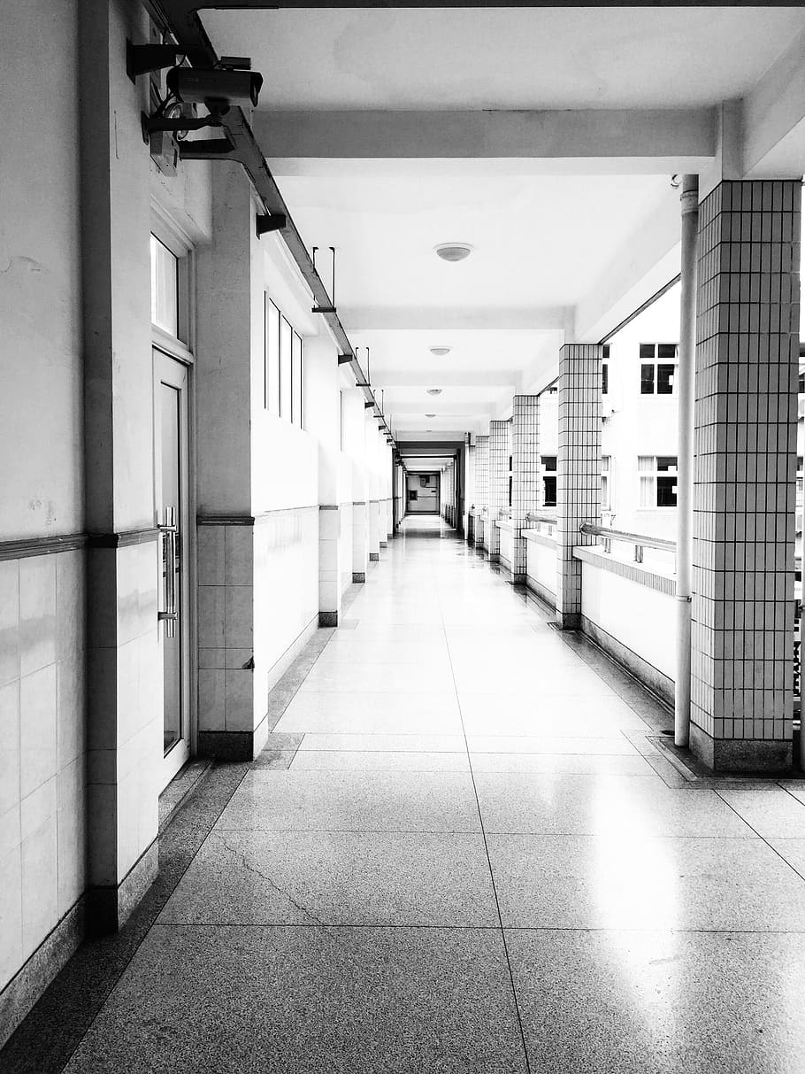 grayscale photo, hallway, senior middle school, classroom, corridor, in depth, architecture, building, built structure, arcade