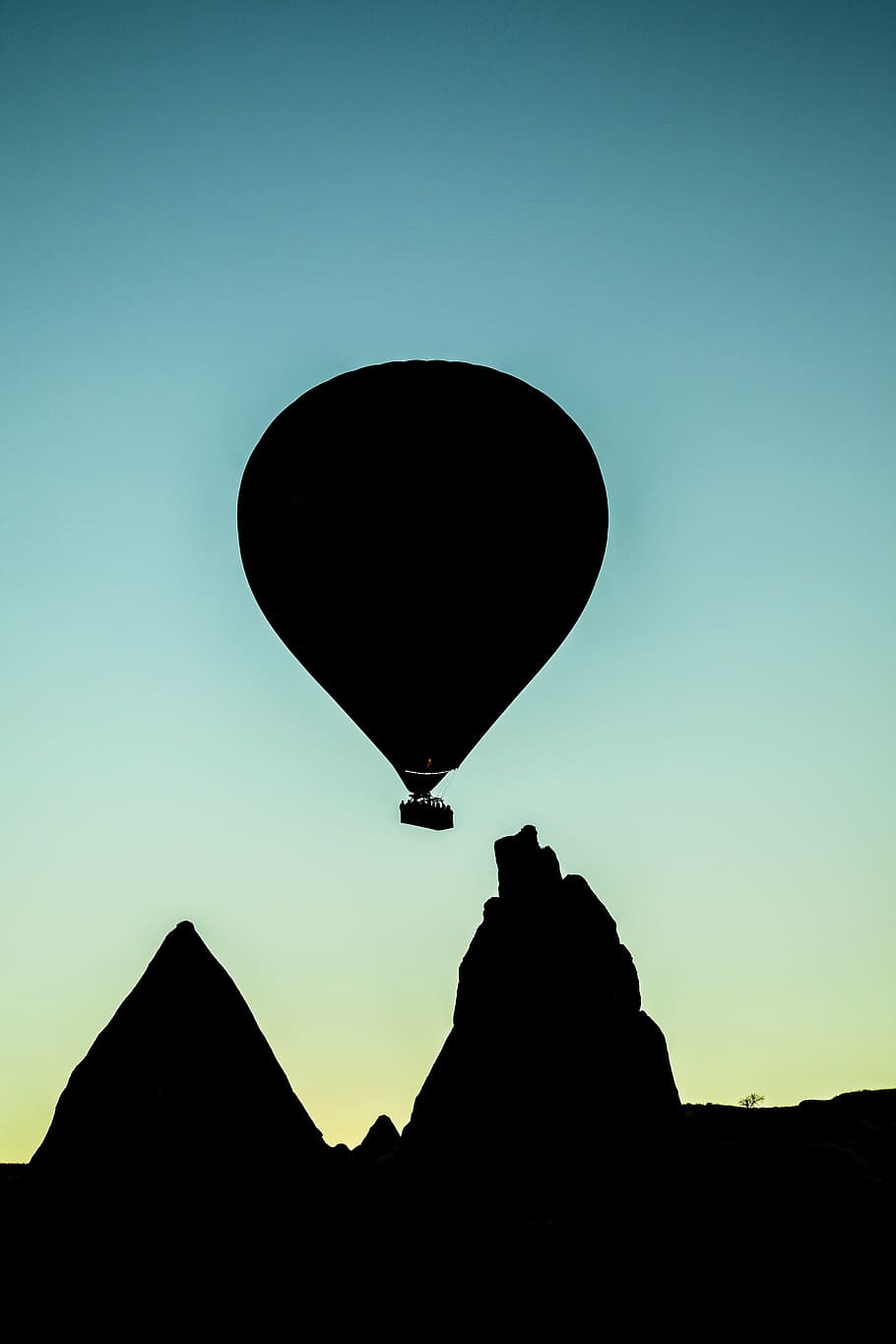 silhueta, quente, balão de ar, voador, distância, montanhas, azul, hora, balão, viagem