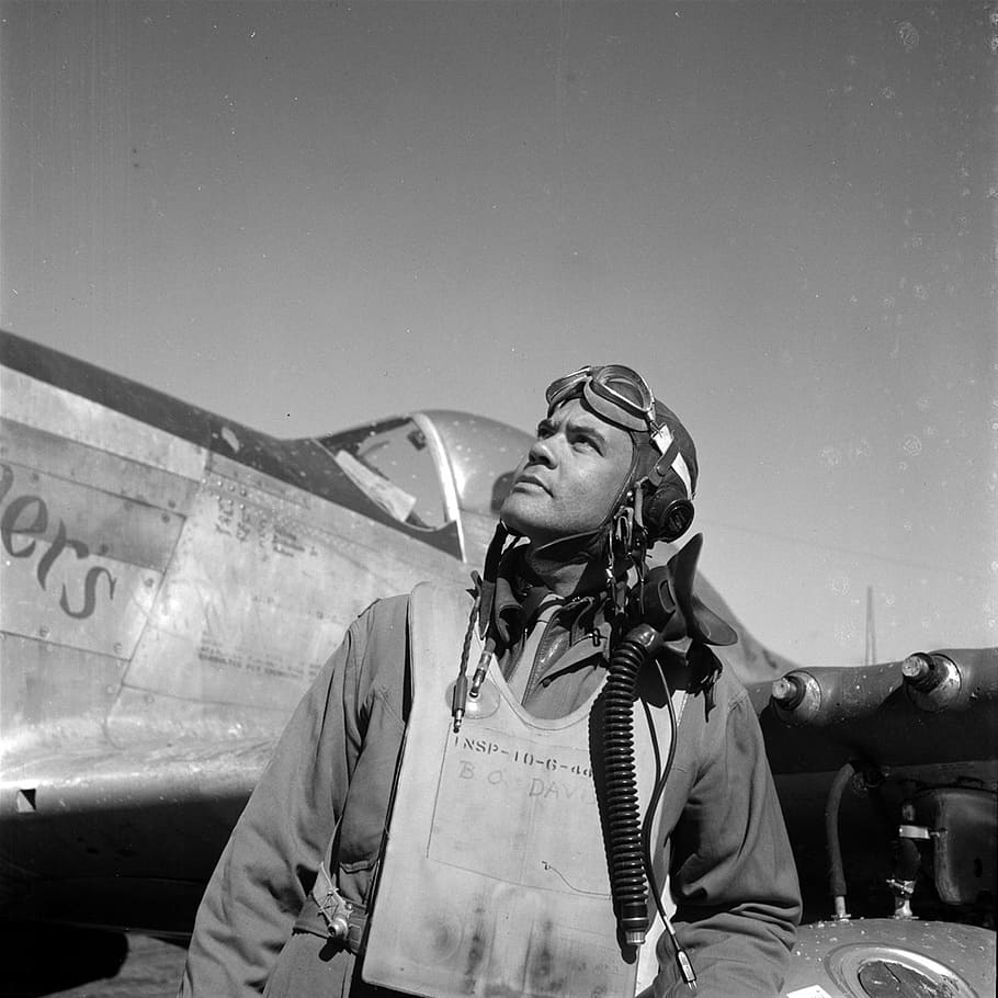 grayscale photo, pilot, aviator, man, airplane, vintage, retro, old times, 20th century, 1900's