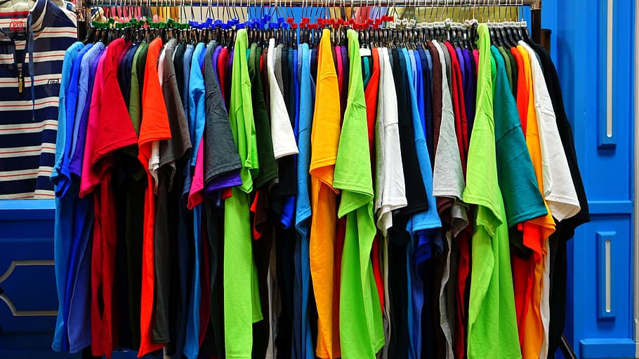 assorted-color clothes lot, shirt, colour, clothing, fashion, textile, blue, cotton, yellow, t-shirt
