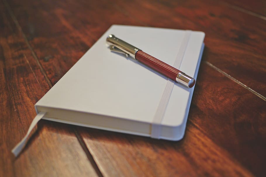 bolígrafo, blanco, planificador, cuaderno, escribir, diario, de madera, mesa, material de madera, en el interior