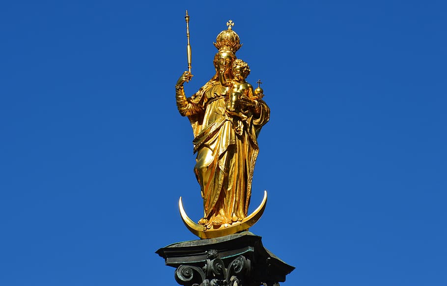 Munich, Marienplatz, Virgin Mary, statue, gold colored, gold, clear sky, laurel wreath, blue, sculpture
