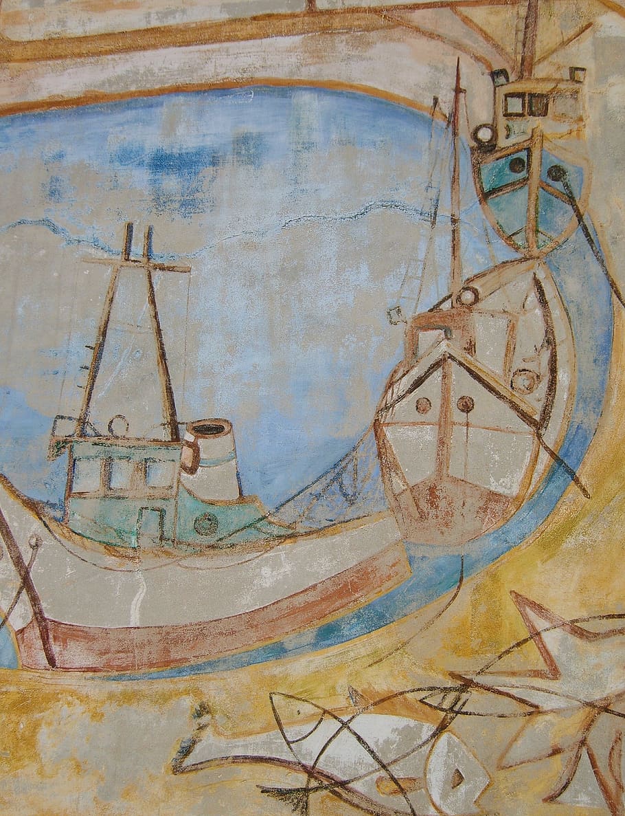 mural, altea, art, fisheries, painting, spain, weathered, old, architecture, art and craft