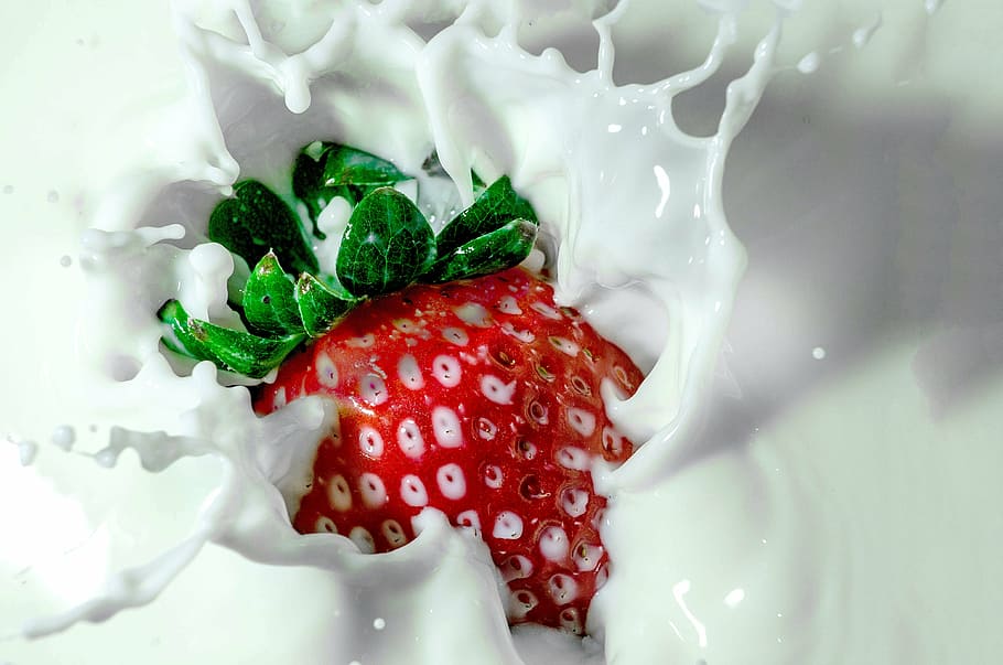 timelapse photography, strawberry, tossed, milk, strawberry milk, green, red, white, food and drink, freshness