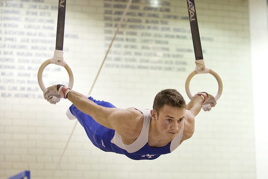 person, wearing, blue, white, overall, rings, athlete, gymnastics, muscular, power