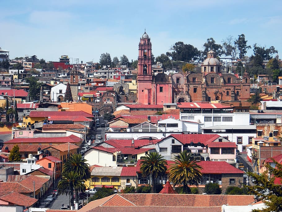 aéreo, fotografia, edifícios, dia, cidade, méxico, vila, arquitetura, vermelho, telhados