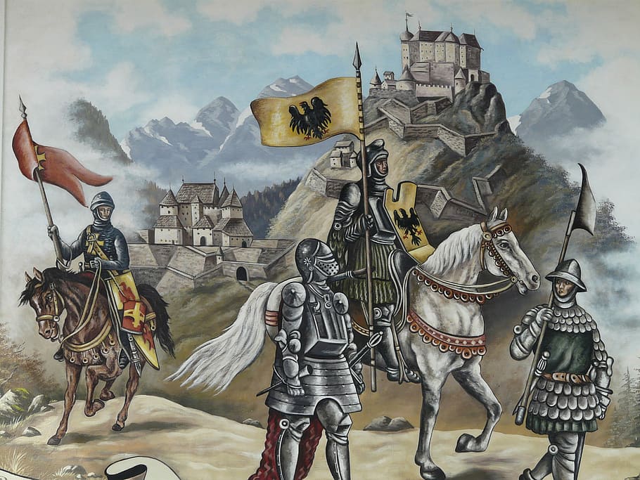 four, assorted-armoured knights, castle painting, soldiers, horse, painting, knight, castle, knight's castle, middle ages