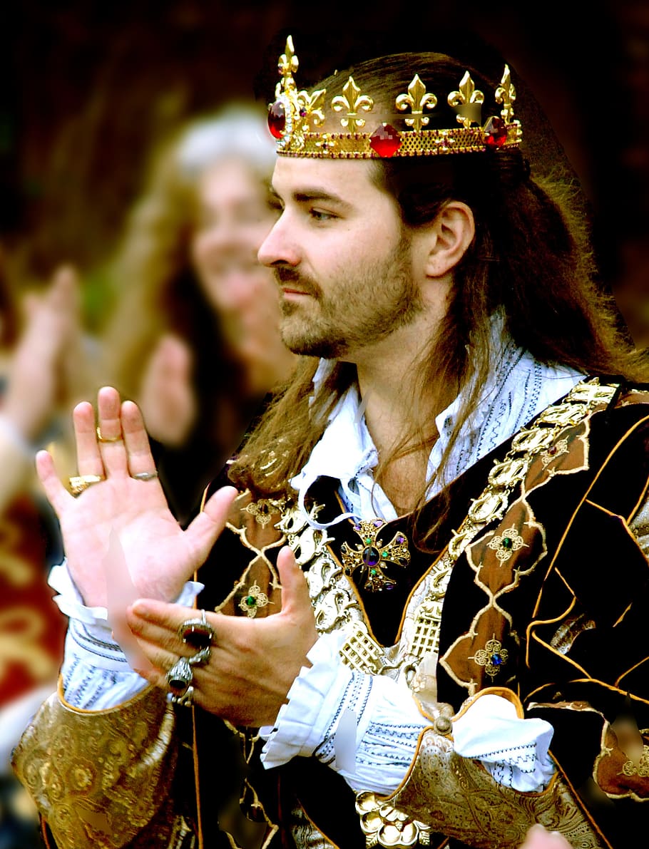 человек, черный, золотой костюм, золотая корона, король, средневековый, праздник, красивый, костюм, хлоп
