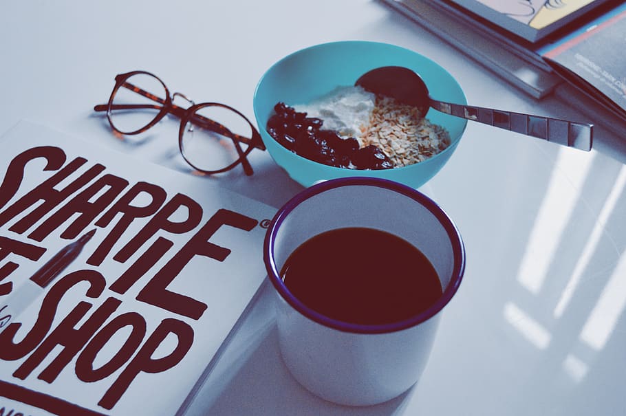 cup, coffee, bowl, cereal, black, framed, eyeglasses, breakfast, morning, yogurt