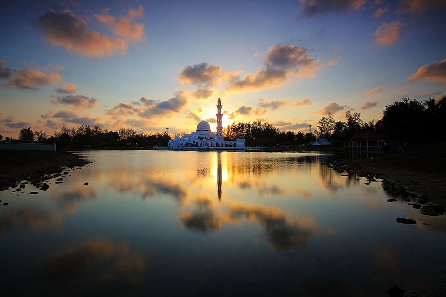 blanco, concreto, mezquita, cuerpo, agua, dorado, hora, silueta, cúpula, edificio