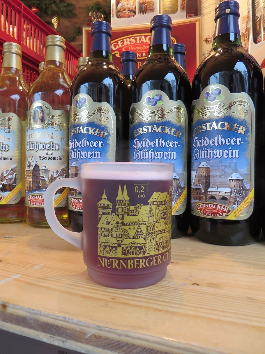 mulled wine, christmas market, nuremberg, drink, hot drink, alcoholic, wine, container, text, bottle