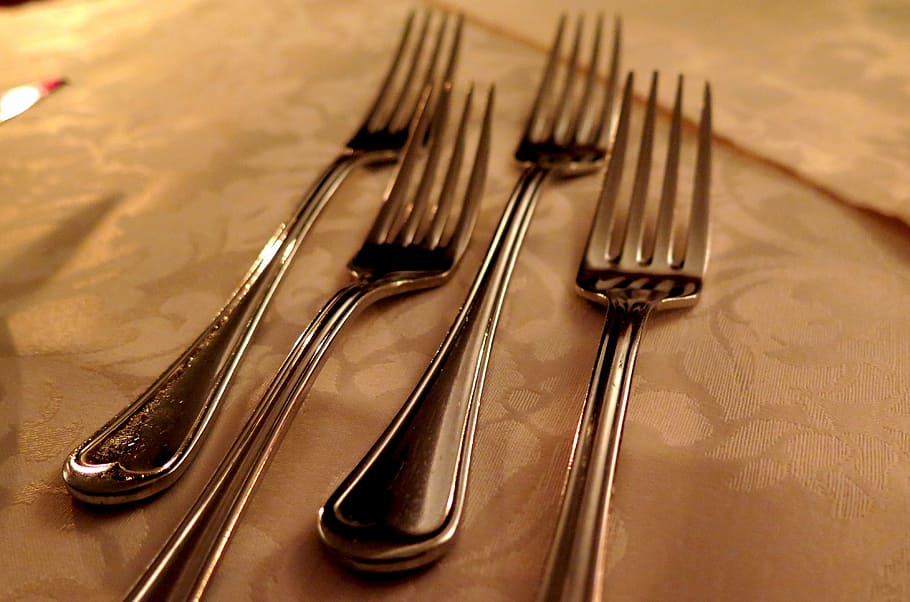 tenedores, cubiertos, cubiertos de cocina, plata, mesa gedeckter, mesa, comer, metales preciosos, primer plano, cubierta de mesa
