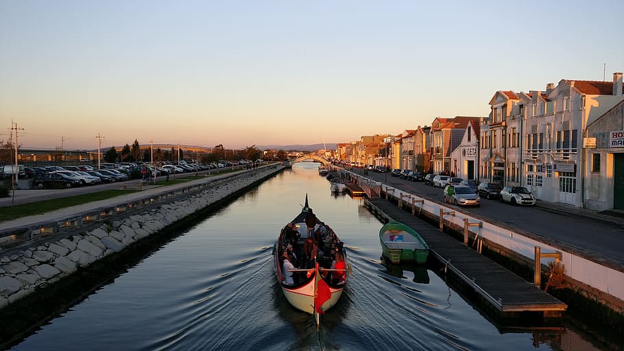 aveiro, portuguese venice, ria, sunset, moliceiro, boats, portugal, water, light, channel